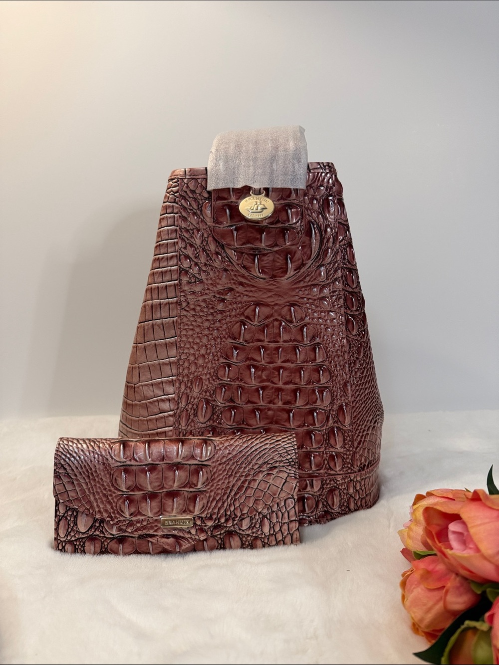 Brahmin Allie sling backpack and Veronica wallet in dusty pink